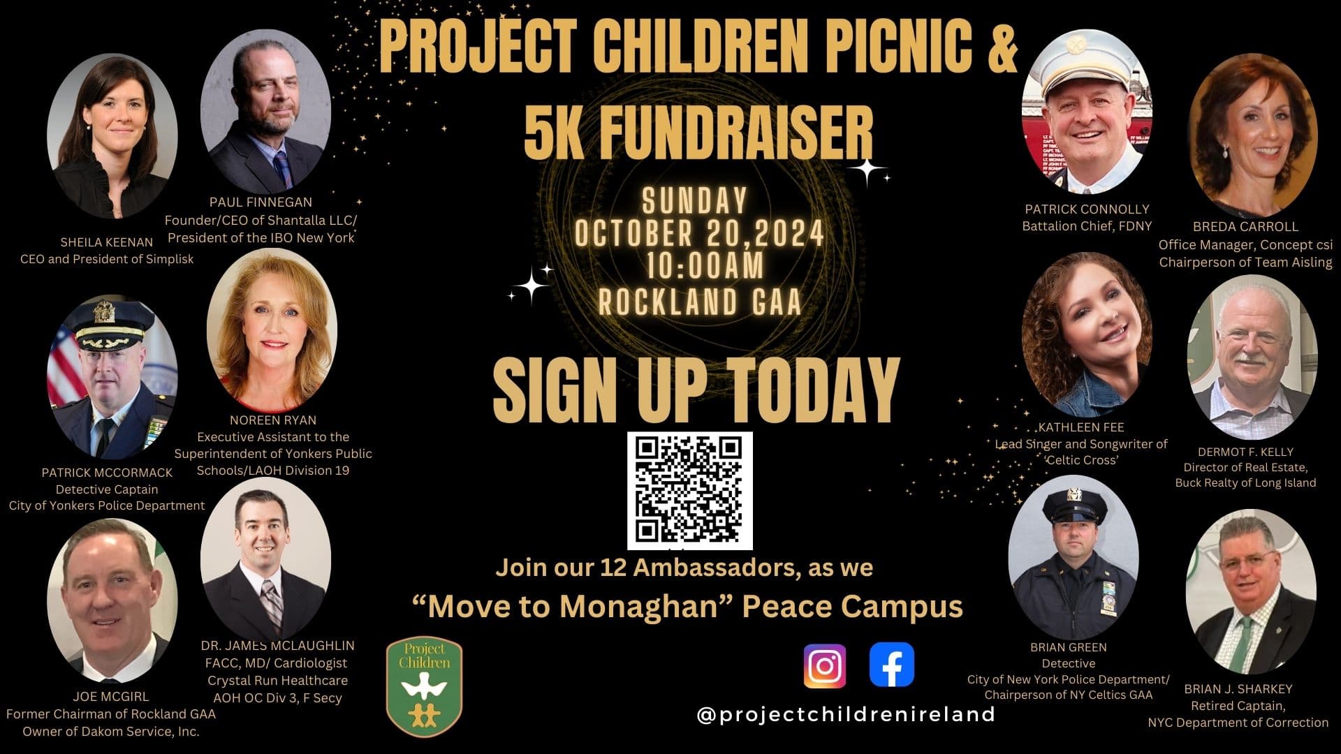A poster for Project Children's Move to Monaghan Peace Campus Picnic and 5k Fundraiser. The poster includes headshots of the 12 Project Children Ambassadors as well as information about the fundraiser event. Event date: Sunday, October 20, 2024 at 10:00am at the Rockland GAA. Vistors are encouraged to join a 5k team today.